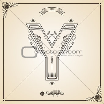Calligraphic Fotn with Border, Frame Elements and Invitation Design Symbols. Collection of Vector glyph. Certificate Decor. Hand written retro feather Symbol. Letter Y