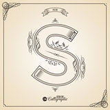 Calligraphic Fotn with Border, Frame Elements and Invitation Design Symbols. Collection of Vector glyph. Certificate Decor. Hand written retro feather Symbol. Letter S