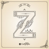 Calligraphic Fotn with Border, Frame Elements and Invitation Design Symbols. Collection of Vector glyph. Certificate Decor. Hand written retro feather Symbol. Letter Z