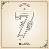 Calligraphic Fotn with Border, Frame Elements and Invitation Design Symbols. Collection of Vector glyph. Certificate Decor. Hand written retro feather Symbol. Number 7