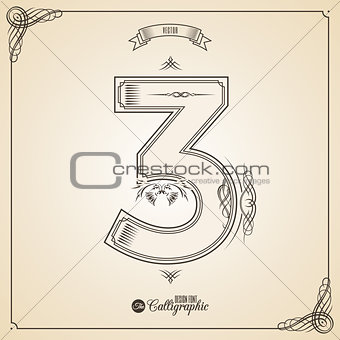Calligraphic Fotn with Border, Frame Elements and Invitation Design Symbols. Collection of Vector glyph. Certificate Decor. Hand written retro feather Symbol. Number 3