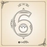 Calligraphic Fotn with Border, Frame Elements and Invitation Design Symbols. Collection of Vector glyph. Certificate Decor. Hand written retro feather Symbol. Number 6
