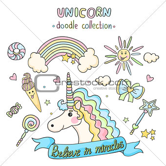 Unicorn set. Doodle collection.