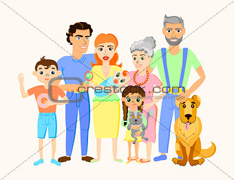 Cartoon happy family portrait with cat and dog.