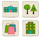 Urban buildings and places icons set.