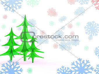 group of glass Christmas fir tree isolated on white background with showflakes. Happy new year postcard design print 3d illustration concept