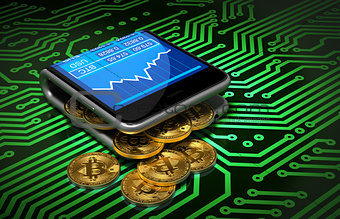 Concept Of Digital Wallet And Bitcoins On Green Printed Circuit Board