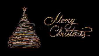 Christmas Tree And Text Marry Christmas Made Of Gold, White, Grey And Pink Wire On Black Background.