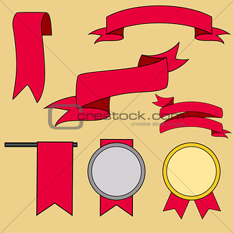 Big red ribbons set, isolated on beige background, vector illustration