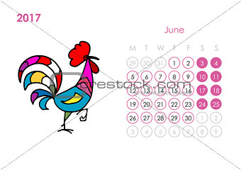 Rooster calendar 2017 for your design. June month.