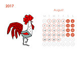 Rooster calendar 2017 for your design. August month.