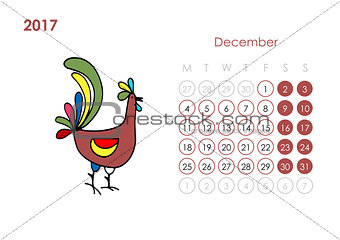 Rooster calendar 2017 for your design. December month.