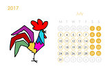 Rooster calendar 2017 for your design. July month.