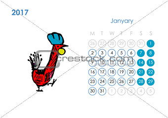 Rooster calendar 2017 for your design. January month.