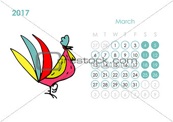 Rooster calendar 2017 for your design. March month.