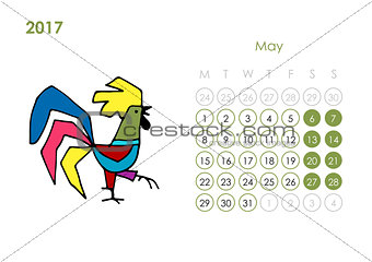 Rooster calendar 2017 for your design. May month.