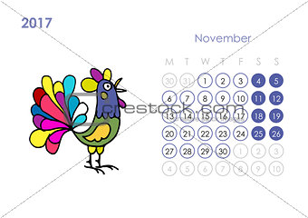 Rooster calendar 2017 for your design. November month.