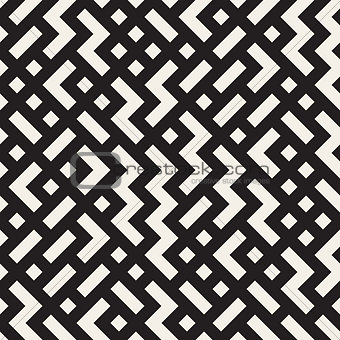 Vector Seamless Black and White Random Zigzag Shapes Grid Pattern