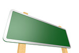 Green road sign with wood stand.