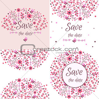 Set of vector floral frames. Cute collection of wreaths made of hand drawn leaves and flowers. Vintage set for invitations. save the date cards and other design.