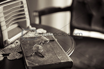 Vintage interior with old radio and book