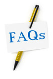 business card a ball pen and the text FAQs
