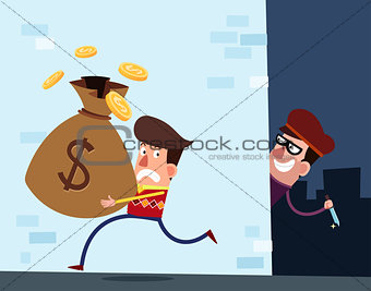 young rich man with a moneybags walking in a alleyway being targeted by a robber