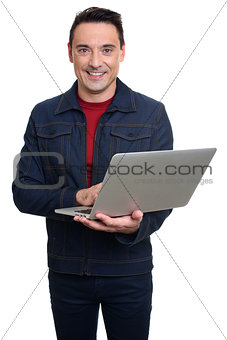 smiling young man with laptop isolated