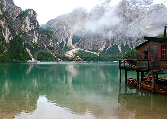 Hut on the Lake Braies on The Dolomite Mountains in Italy