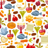Colorful seamless pattern with symbols of Rosh Hashanah Jewish New Year .Cartoon flat style vector illustration