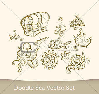 Sea doodle set  isolated on white background. Vector