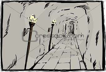 Burning torches in underground passage