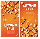 Autumn sale banner set with pumpkin, leaves and clouds.