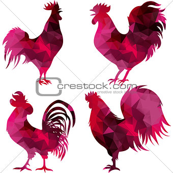 Rooster, triangular geometric polygonal roosters, isolated illustration of cock on white background