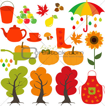 Autumn set, leaves, trees, mushrooms, nuts, pumpkin, apples, pears, rain, cloud, maple, sunflower, boots.