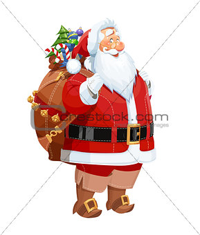 Smiling Santa Claus with gift sack. Christmas character.