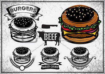 Retro poster with set of logo, labels, stickers and logotype elements for fast food restaurant, cafe, hamburger and burger.