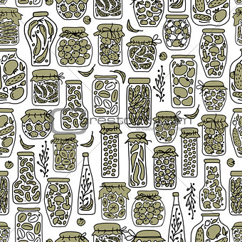 Seamless pattern with pickle jars fruits and vegetables