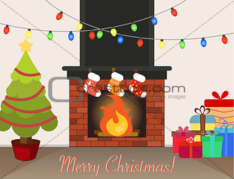 Christmas interior room with presents and fireplace