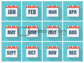Month Dates Flat Icon Set with Long Shadow. Vector Illustration