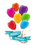 Happy Birthday Card Template with Balloons, Ribbon and Candle Ve