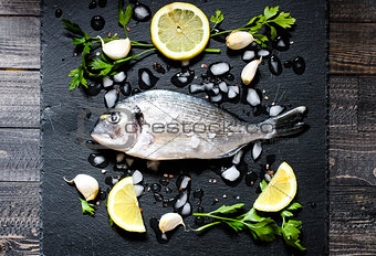 Fresh Fish Orata Over a Black stone with vegetables