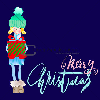 Girl holding a gift box with handwritten inspiration. Wish you a merry Christmas lettering