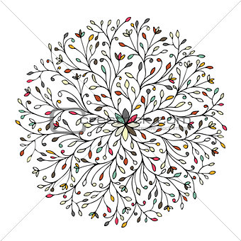 Floral circle ornament, hand drawn sketch for your design