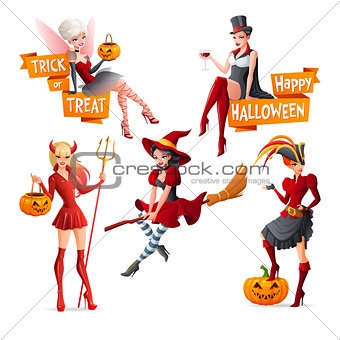 Beautiful women in Halloween costumes fairy with pumpkin, vampire, witch on broom, pirate and devil. Set of cartoon vector illustrations with text.