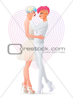 Beautiful wedding gay lesbian homosexual hugging couple in love. Cartoon vector illustration isolated on white background.
