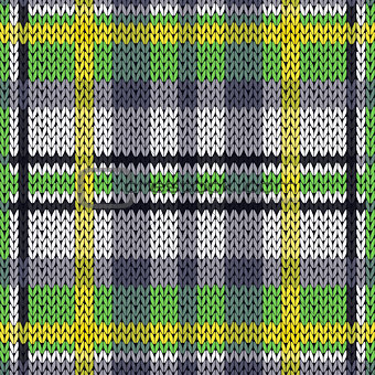 Knitting seamless pattern in green, white, yellow and grey hues