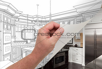 Hand Turning Page of Custom Kitchen Drawing to Photograph