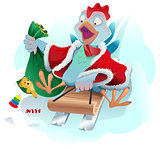 Christmas cock rolls on sledge from mountain. Blue cartoon Rooster symbol 2017