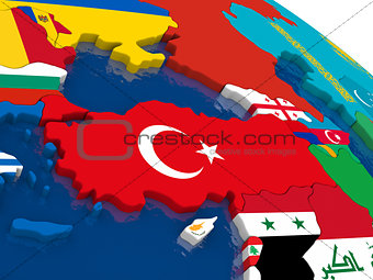 Turkey on 3D map with flags